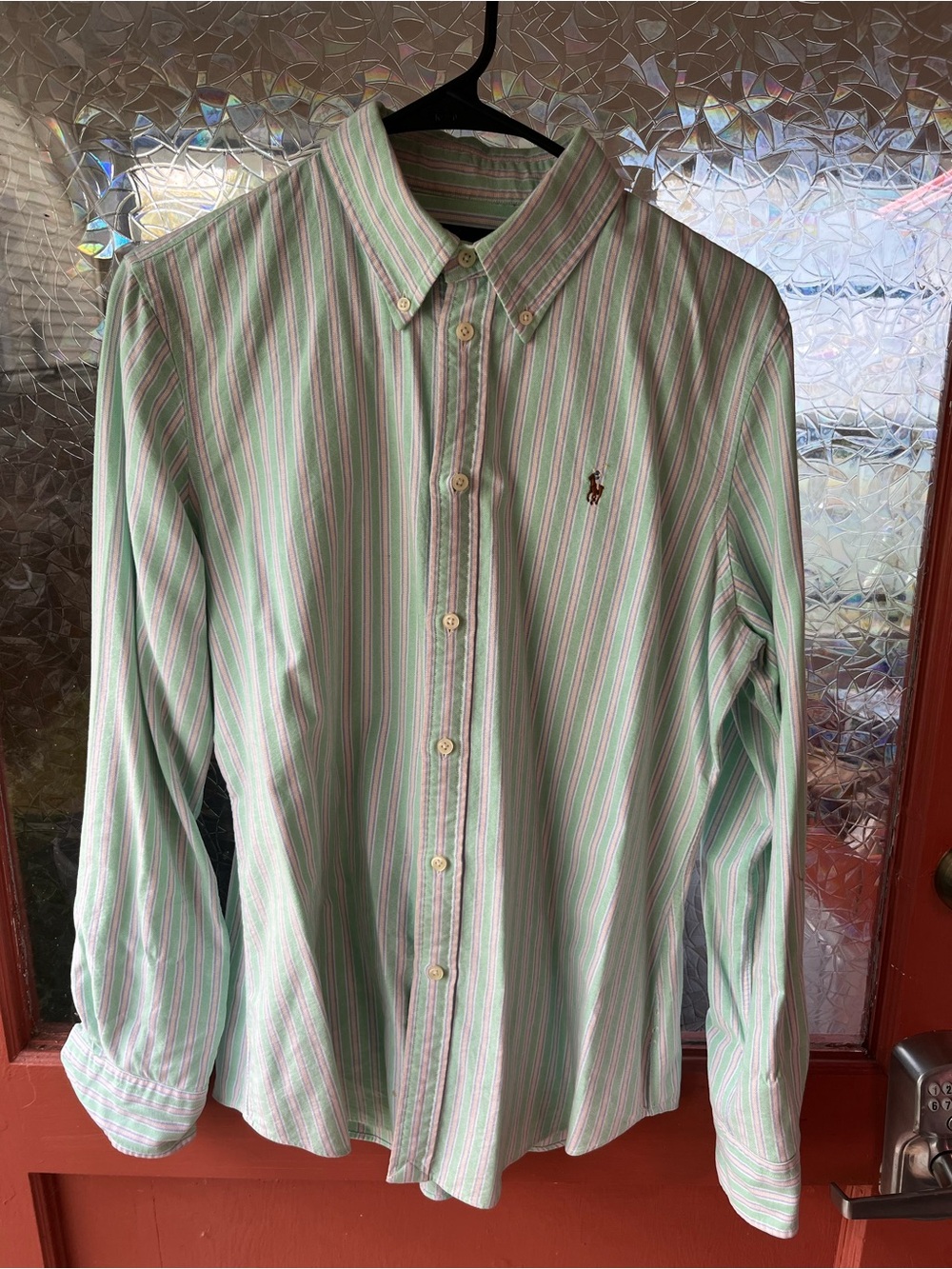 Ralph Lauren Mint Green & White Striped Button-Down Shirt with Pink Accents